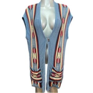 Chaps Knit Western Long Sweater Vest Cardigan 2XL Aztec Pockets Southwestern